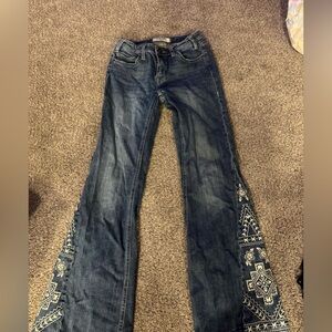 Rock & Roll Cowgirl Blue Flare Jeans with White Embroidery